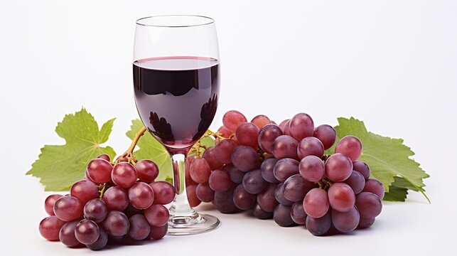 Glass of red grape juice with fruit isolated on white.