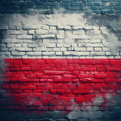 Poland flag overlay on old granite brick and cement wall texture for background use
