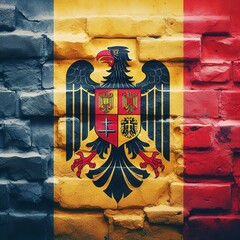 Romania flag overlay on old granite brick and cement wall texture for background use