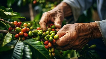 arabica coffee berries with agriculturist - obrazy, fototapety, plakaty