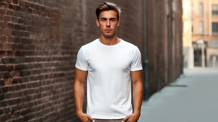 Young man wearing bella canvas white shirt mockup, Design t-shirt template, print presentation mock-up - obrazy, fototapety, plakaty