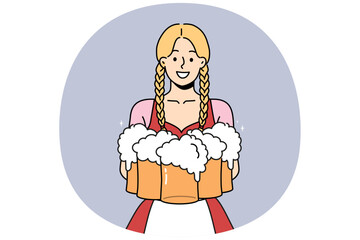 Smiling woman in traditional costume holding glasses of beers. Waitress serving drinks of German festival. Oktoberfest event. Vector illustration.