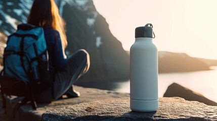 Reusable water bottle next to female wanderer as sustainable hiking concept