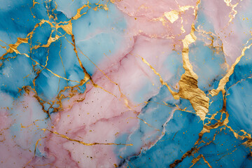 Luxurious marble texture in gold, blue, and pink with golden cracks, serving as a backdrop or background for a feminine and beautiful touch. Ideal for labels, business cards, and creating a romantic  - obrazy, fototapety, plakaty