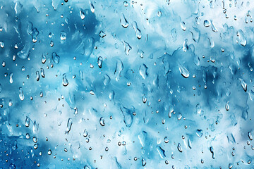 Abstract blue watercolor rain on a glass window background, portraying a stormy atmosphere with an underwater cartoon feel.Depicts rainy weather, cloud sky texture, and raindrops with ample copy space
