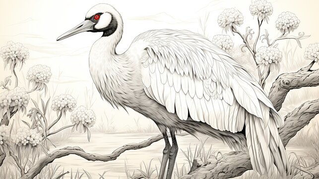 Beautiful crane with long thin beak, legs and neck. Bird with big wings and red skin on head.