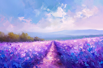 Soft and light pastel-colored painting of a beautiful lavender field with romantic blue, pink, and purple spring flowers, providing copy space for text. Ideal for creating a calming atmosphere