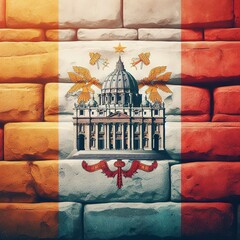 Vatican City flag overlay on old granite brick and cement wall texture for background use