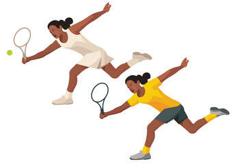 Fototapeta na wymiar Dark-skinned women's tennis girl player in a white and yellow sportswear in profile who run forward to hit the ball