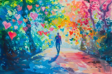 Fotobehang Journey of the Heart: A Solitary Figure Amidst a Whirlwind of Colorful Hearts in a Mystical Forest © Vilius