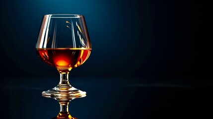 a glass of cognac on a dark background and on a dark mirrored table