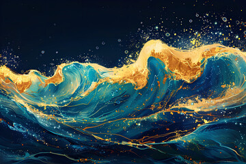 Fototapeta na wymiar Enchanting fairytale ocean waves art painting with unique blue and gold wavy swirls, creating a magical water scene. Features fairytale navy and yellow sea waves,making it suitable for children's book
