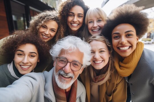 A group of people gathered together to take a selfie. Perfect for capturing fun and memorable moments with friends and family. Ideal for social media and technology-related concepts