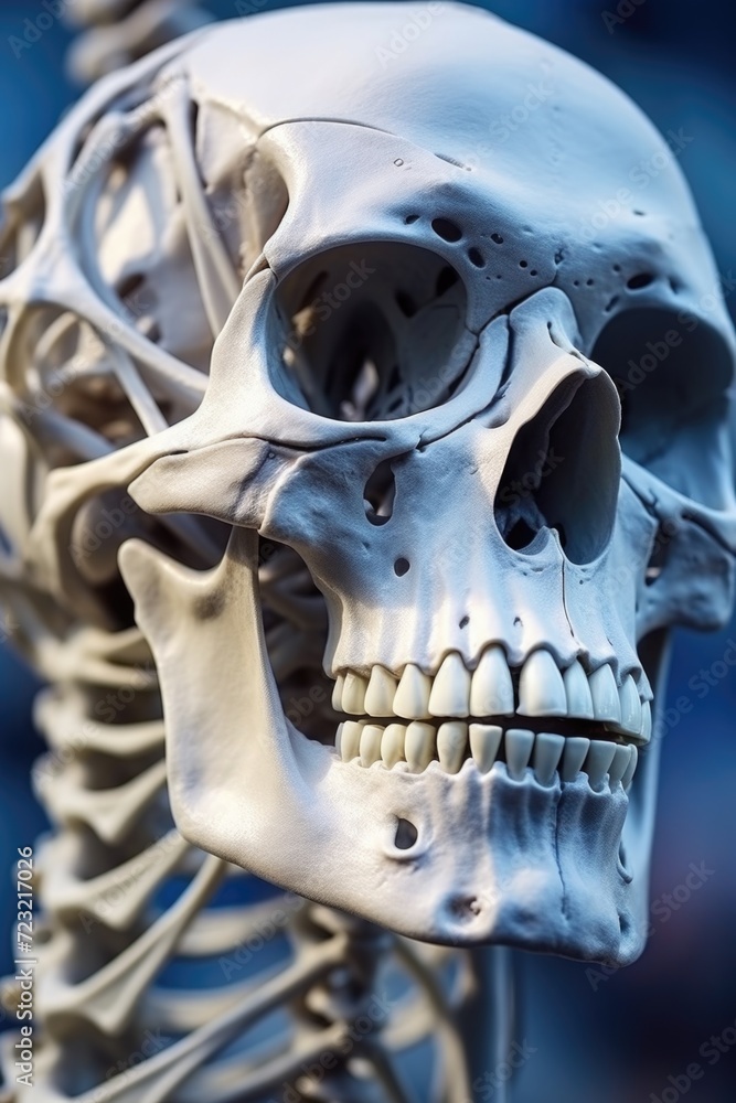 Poster a close-up view of a skeleton with a human head. this image can be used for educational purposes or 