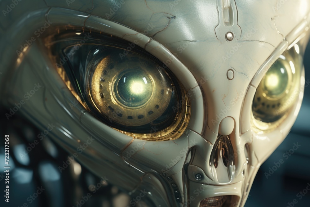 Poster an up-close view of an alien's face with mesmerizing glowing eyes. perfect for science fiction enthu