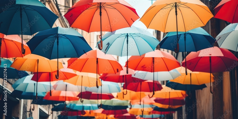 Poster Colorful umbrellas hanging from the ceiling in a vibrant street scene. Perfect for adding a pop of color and whimsy to any project