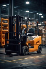 Fototapeta na wymiar A forklift is parked in a warehouse. This image can be used to depict industrial storage, logistics, or warehouse operations