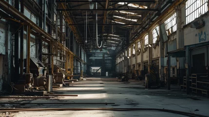  A closed-down factory with old assembly lines and hanging wires. © Leo