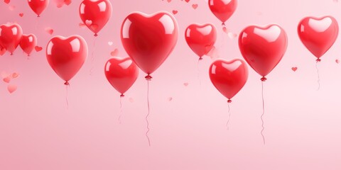 Red heart shaped balloons floating in the air. Perfect for expressing love and affection. Ideal for Valentine's Day, anniversaries, or romantic events.