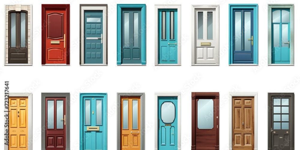 Poster A collection of various colored doors displayed on a plain white background. Ideal for interior design projects or illustrating the concept of choice and possibilities