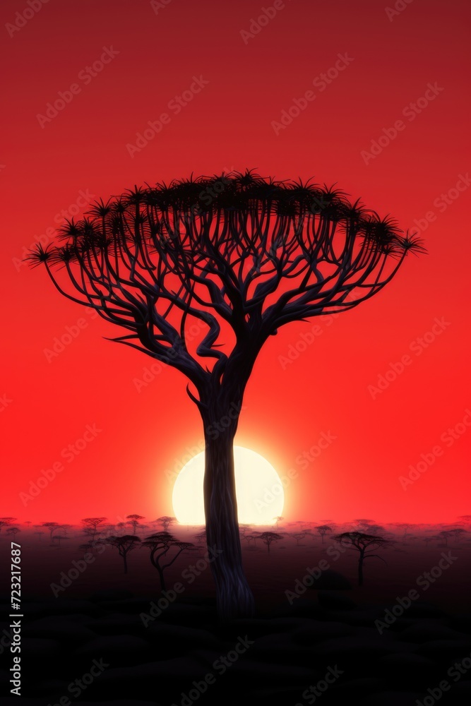 Poster a beautiful image of a solitary tree standing tall in front of a vibrant setting sun. perfect for na
