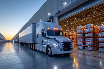 The truck is parked on the loading dock of an industrial warehouse, where many trucks with...