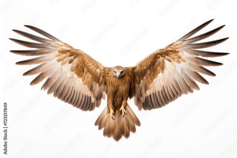 Poster a picture capturing the graceful flight of a large brown bird. perfect for nature enthusiasts and bi