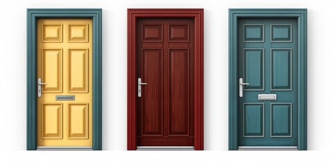 A collection of three doors in various colors. This versatile image can be used to represent choices, opportunities, or diverse options