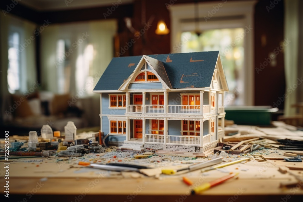 Poster a model of a house sitting on top of a table. ideal for real estate and home decor concepts