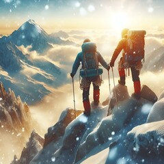 Two mountaineers on the snowy moutains. Adventure sports and outdoor activities like hiking, camping, and water sports.