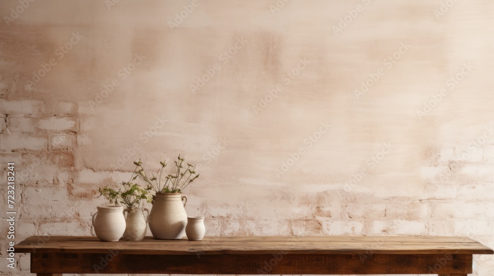 Aufkleber a wooden table adorned with vases filled with beautiful flowers. perfect for adding a touch of natur