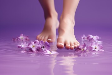 Person's feet submerged in water with flowers. Can be used for relaxation or spa concepts