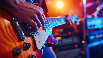 A close-up of an electric guitar with vibrant strings being strummed with amplifiers and pedals in the background. - obrazy, fototapety, plakaty