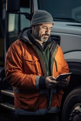 Naklejka premium A man stands in front of a truck, focused on using a tablet. This image can be used to depict technology usage in the transportation industry