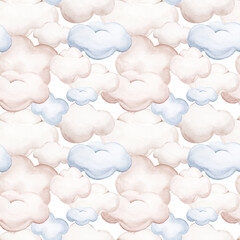 Seamlesss pattern with cartoon clouds, magic baby bear bunny toys and cow. Watercolor hand drawn illustration with white background - 723218431
