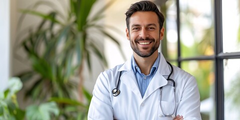 Smiling male physician in white lab coat and stethoscope holding good test results, against white backdrop with blank area for text, promoting good health.