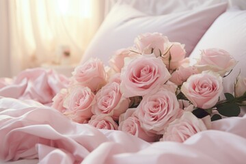 Pink roses beautifully arranged on top of a bed. Perfect for romantic and elegant themes