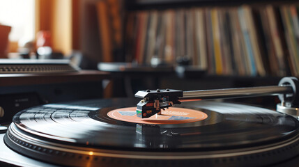 A close-up of a turntable with a classic jazz vinyl record playing and a collection of albums in the background. - obrazy, fototapety, plakaty