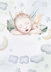 Watercolor newborn Baby Shower greeting card with babies boy girl. Birthday baby shower of new born baby - 723218456