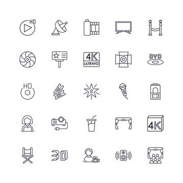 editable outline icons set. thin line icons from cinema collection. linear icons such as hd video, satellite tv dish, camera lens, 4k fullhd, cameraman, people watching a movie