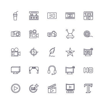 editable outline icons set. thin line icons from cinema collection. linear icons such as smoothie with straw, cinema snack bar, dslr camera, hd, movie clapper open, 3d text