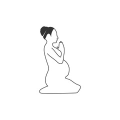 Pregnant woman sitting in lotus position, practicing meditation, yoga continuous line drawing vector illustration, expectant mother line art, one line drawing. Mother and baby health concept Pro Vecto