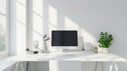 Minimal home office white. Work space in home. Work from home. Modern room design