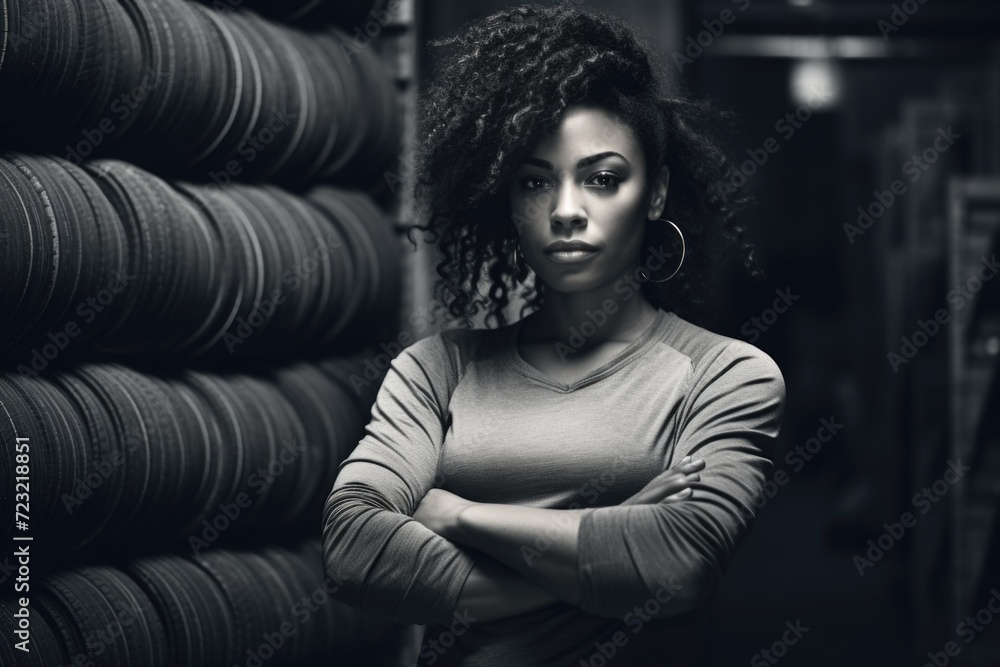 Poster a woman standing in front of stacks of tires. this versatile image can be used for various purposes