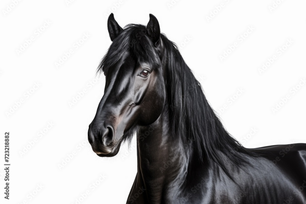 Poster a black horse with a long mane stands in front of a white background. suitable for various uses