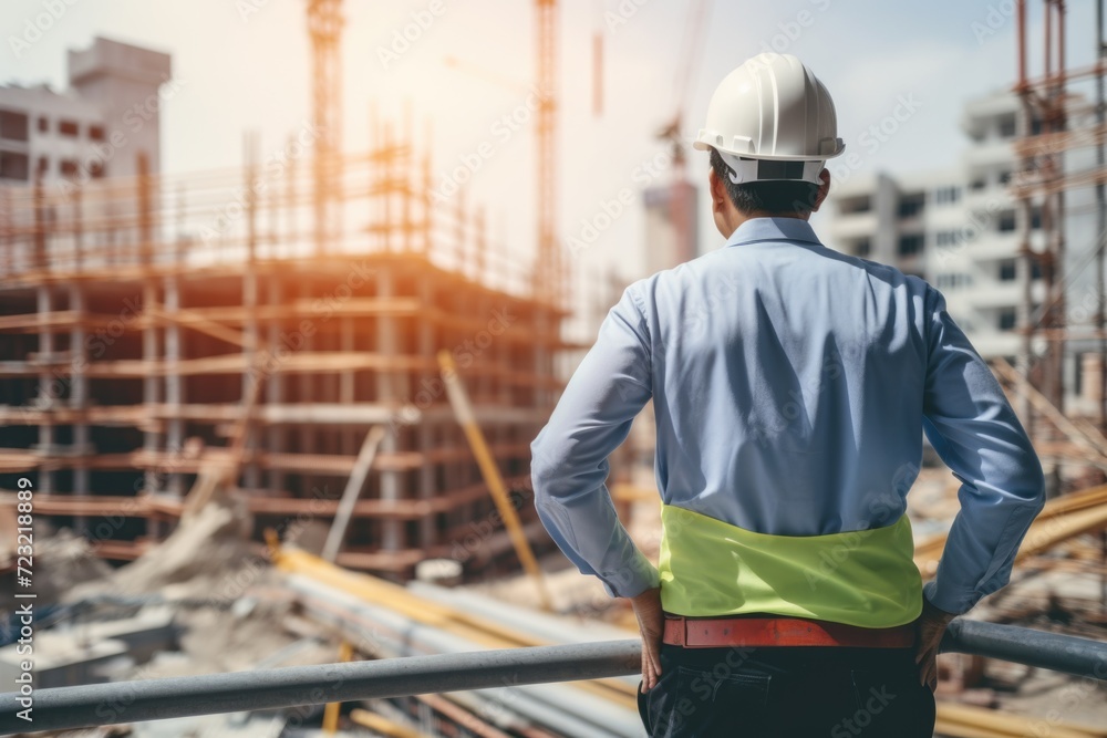 Poster a man in a hard hat observing a construction site. ideal for illustrating construction projects and 