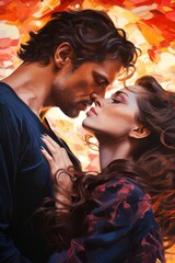 Romantic kiss of a man and a woman on a red background. For relationship illustration, party invitations, book cover
