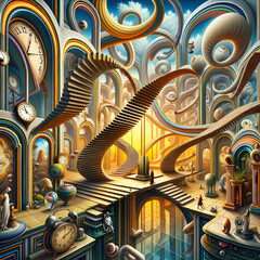 A surrealistic artwork incorporating optical illusions and endless loops, in the spirit of Salvador Dali. 
