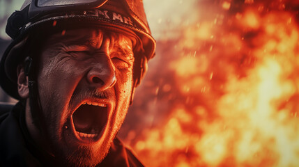 A photo of a screaming fireman, facial expressions showing rage and despair, in front of a raging fire engulfing a building. Emphasis on the horror of the fire and the fireman's intense emotions. - obrazy, fototapety, plakaty