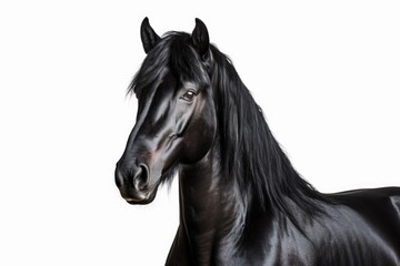 Fototapeta premium A black horse with a long mane stands in front of a white background. Suitable for various uses